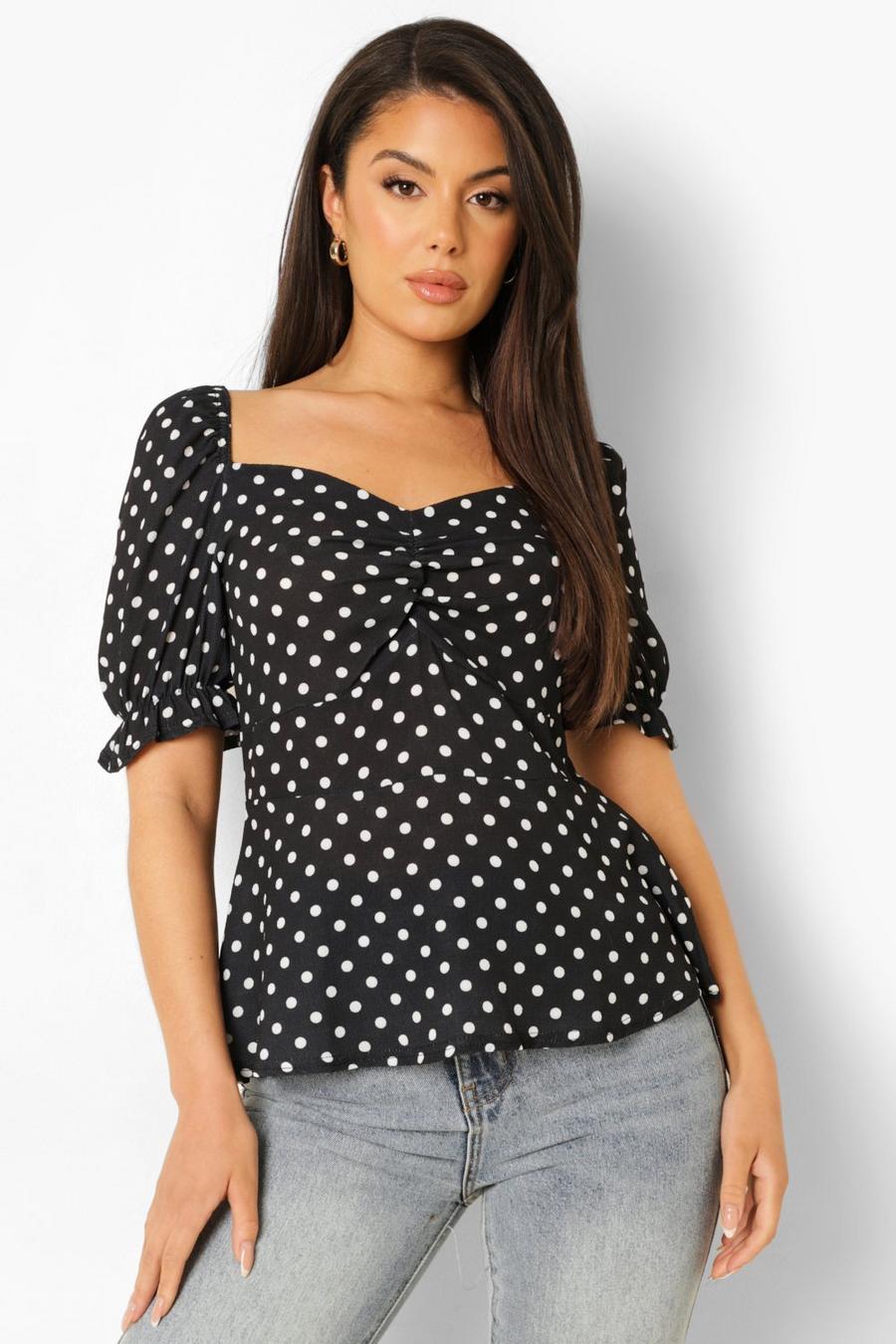 Black Polka Dot Puff Sleeve Sweetheart Blouse image number 1