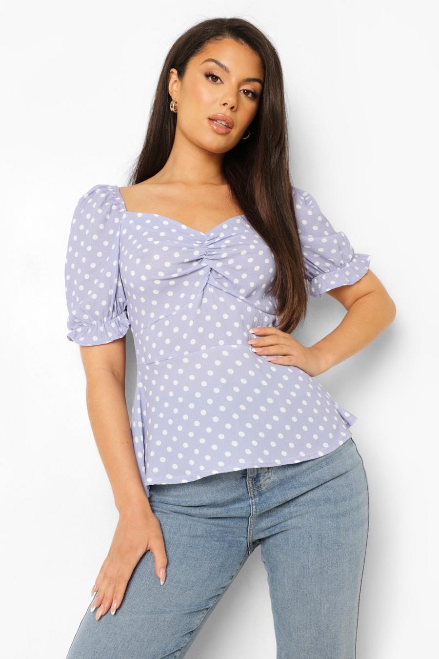 Lilac Polka Dot Puff Sleeve Sweetheart Blouse image number 1