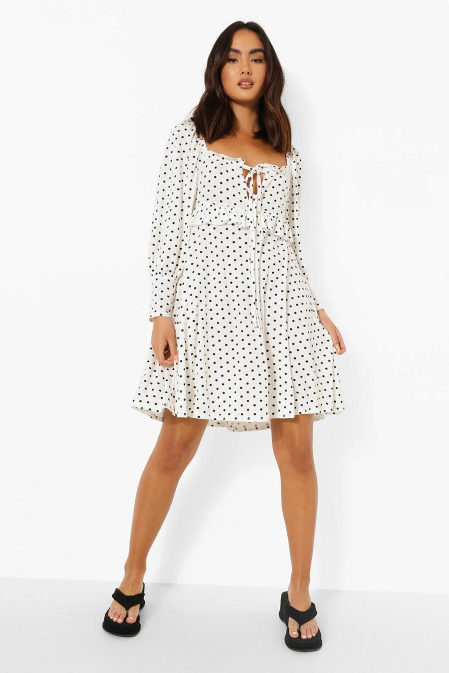 White Polka Dot Tie Front Balloon Sleeve Dress image number 1