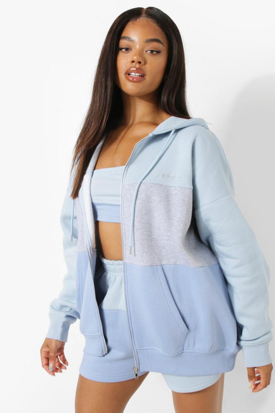 Grey Woman Embroidered Color Block Zip Through image number 1