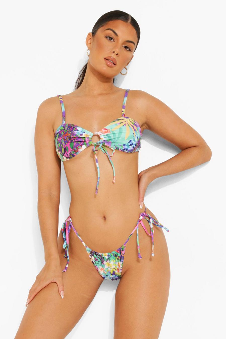 Purple Tropical Tie Front Strappy Bikini Crop Top image number 1
