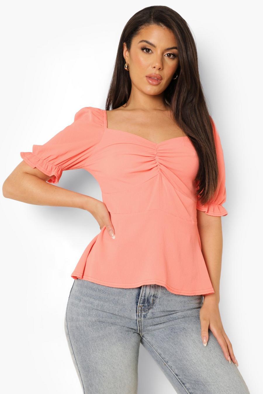 Coral Puff Sleeve Sweetheart Neck Blouse image number 1