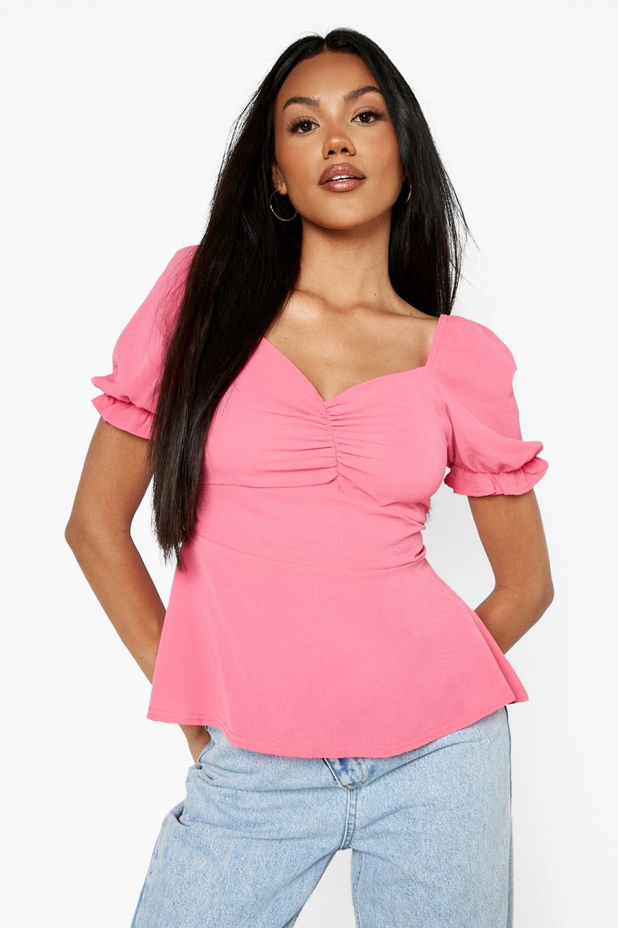 Pink Puff Sleeve Sweetheart Neck Blouse image number 1