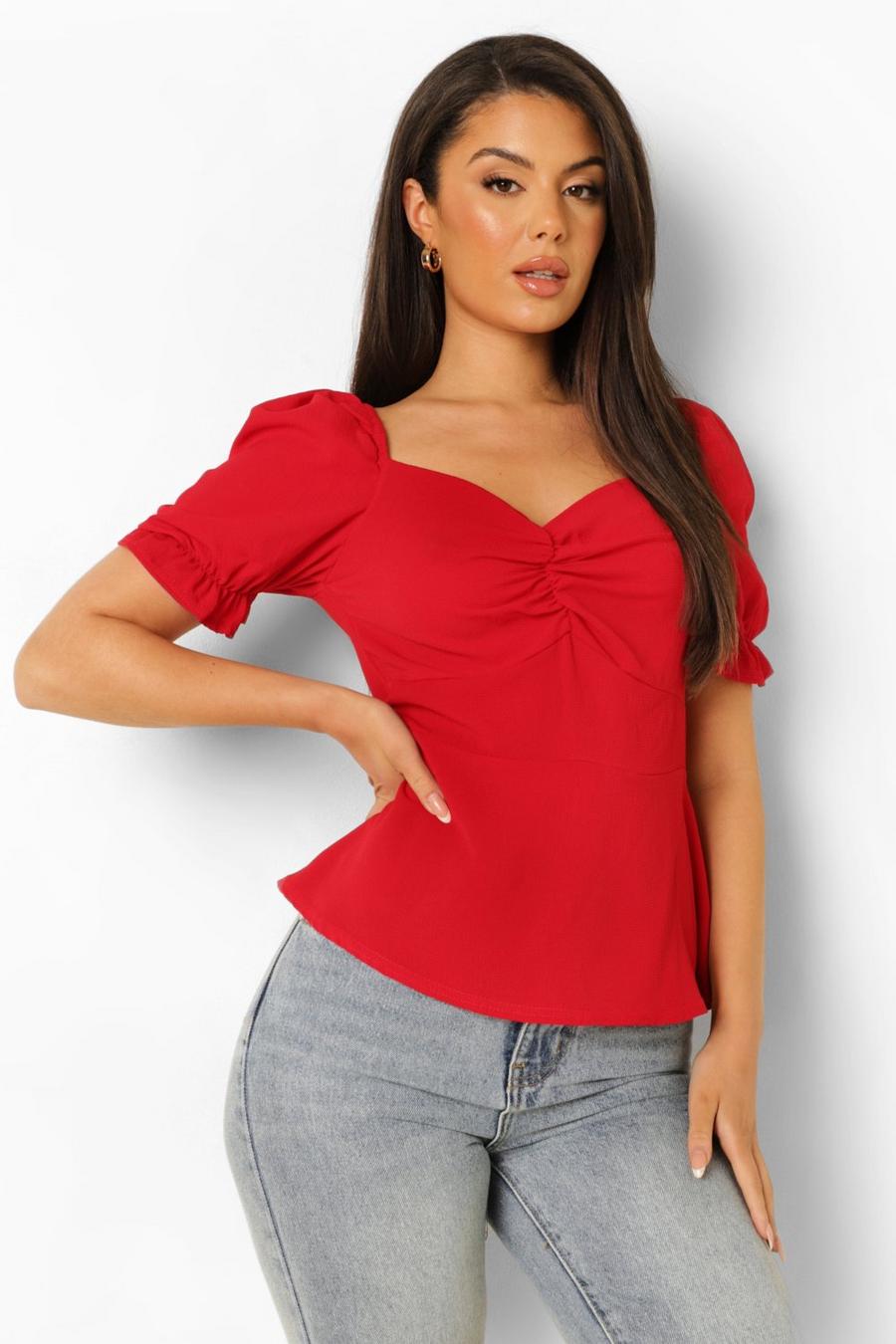 Red Puff Sleeve Sweetheart Neck Blouse image number 1