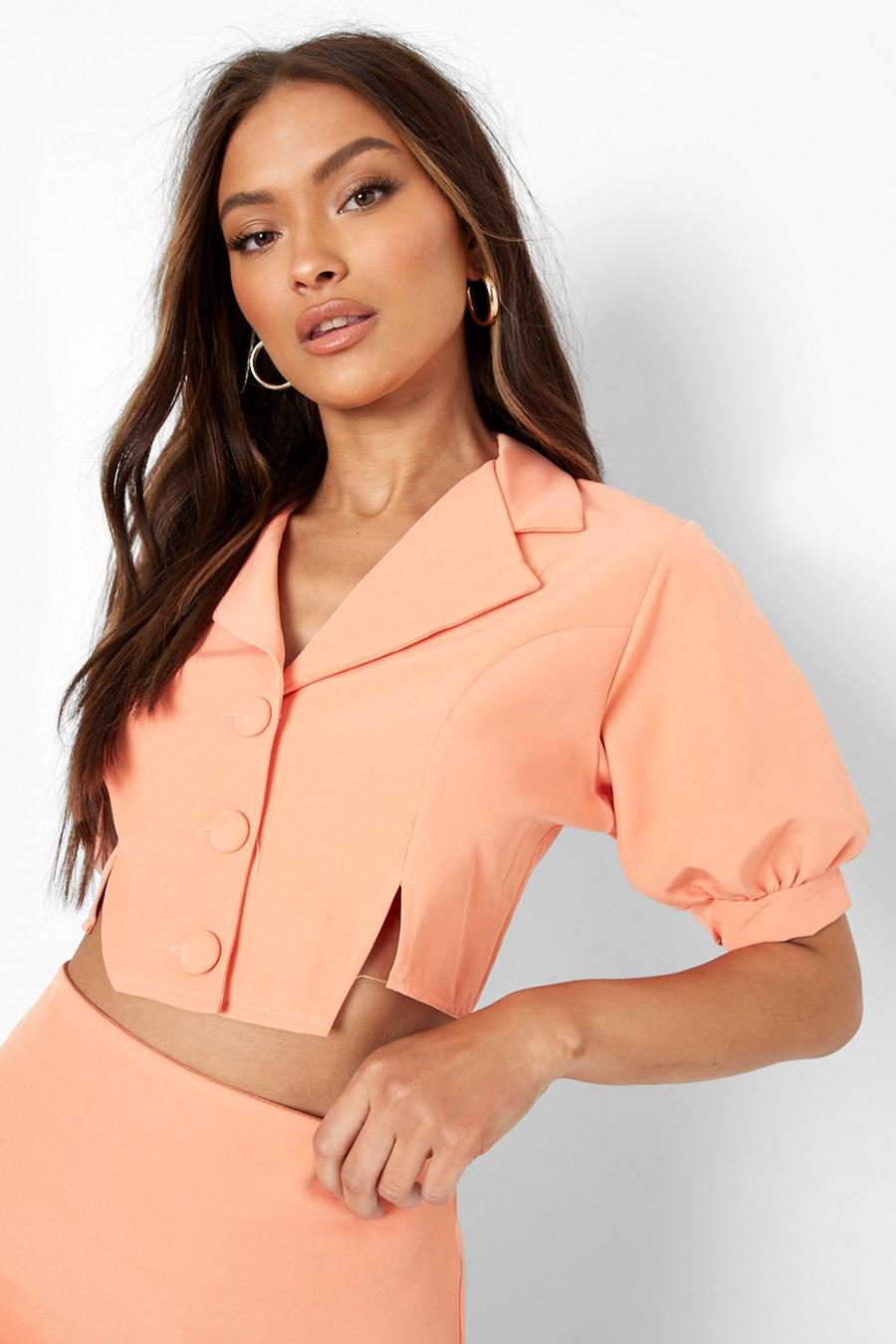 Coral Puff Sleeve Cropped Tailored Blazer image number 1