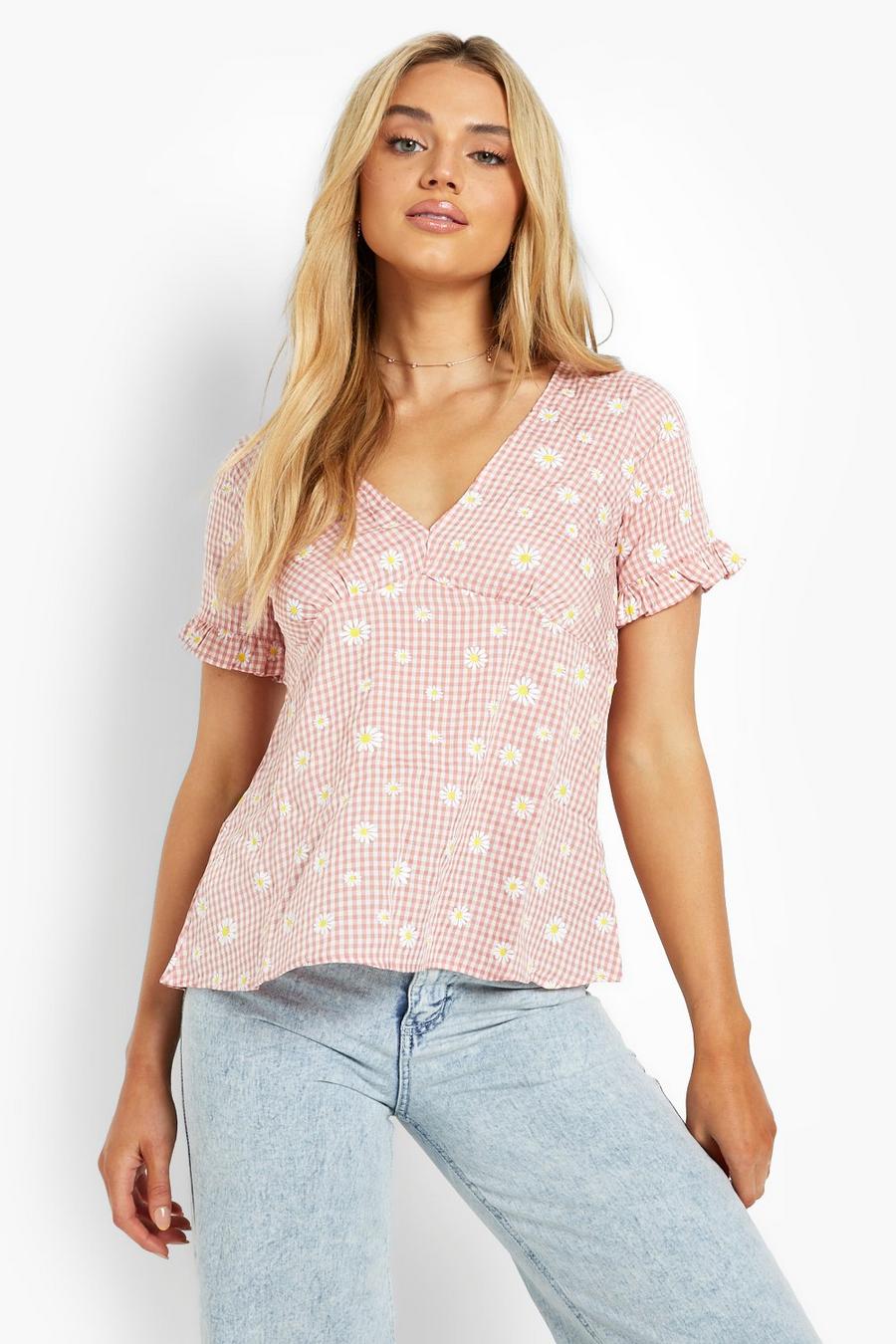 Pink Gingham Embroidery Short Sleeve Smock Top image number 1
