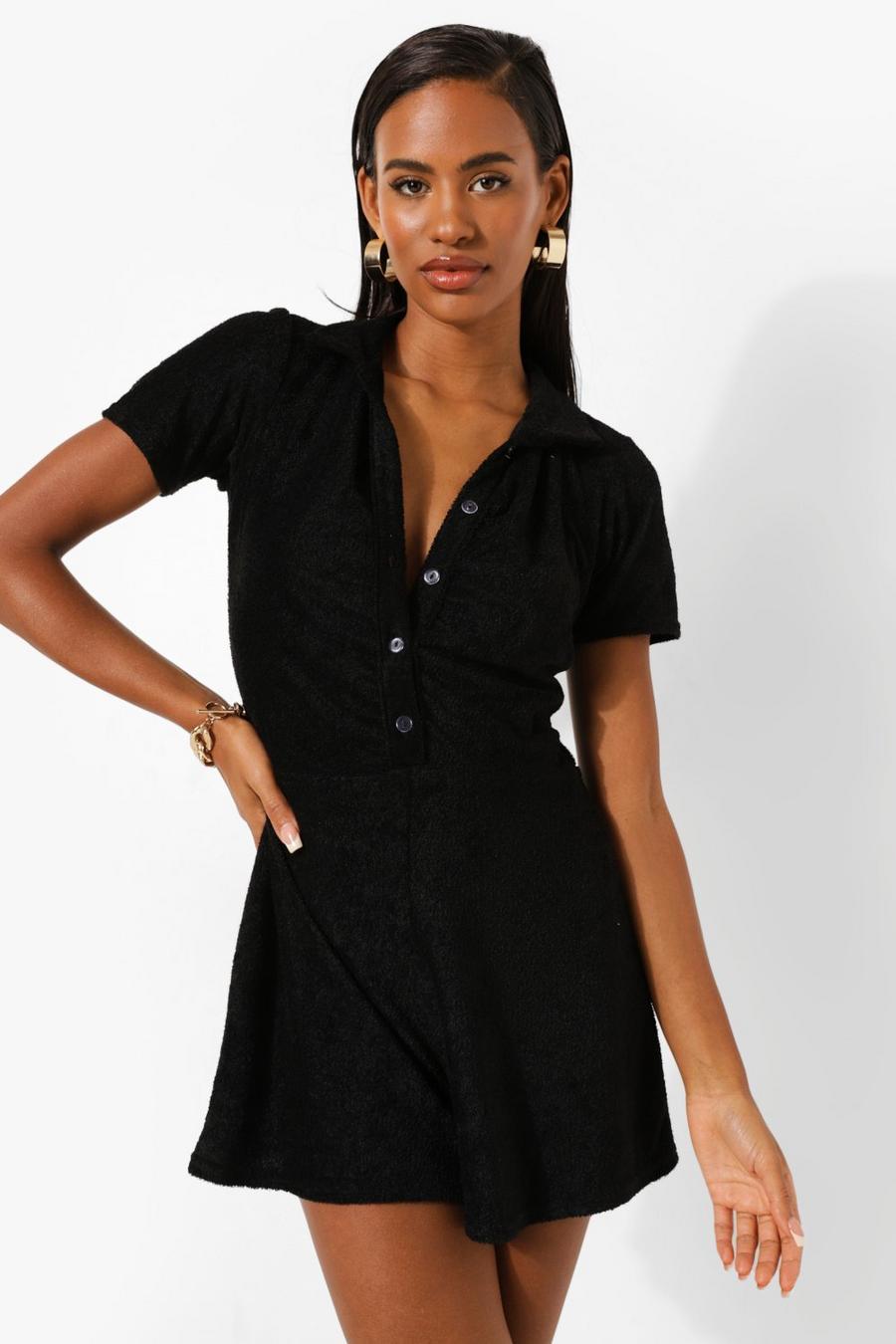 Black Towelling Ruched Shirt Playsuit image number 1