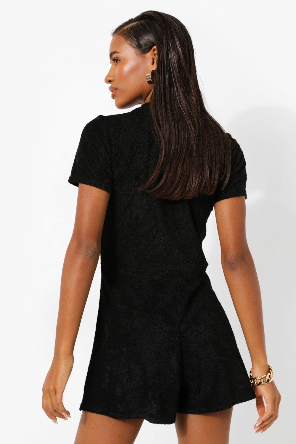 Black Towelling Down Long Sleeve Romper