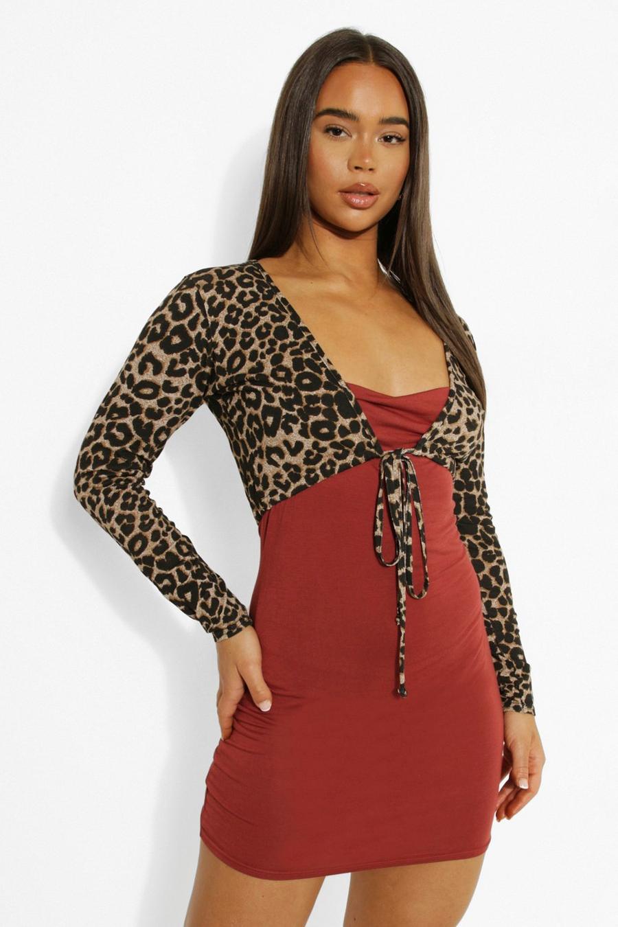 Rust Leopard Strappy Cardigan & Cowl Mini Dress image number 1