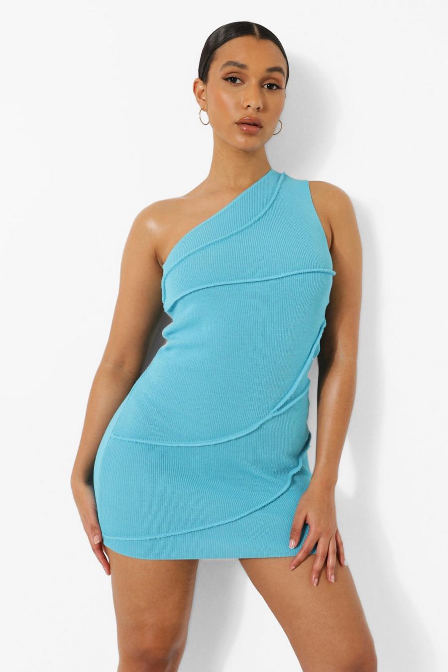Blue Rib Knit Seam Detail Asymmetric Dress image number 1
