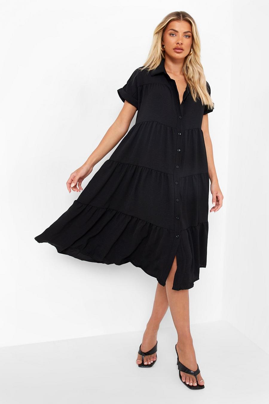 Black Tiered Smock Midi Shirt Dress image number 1