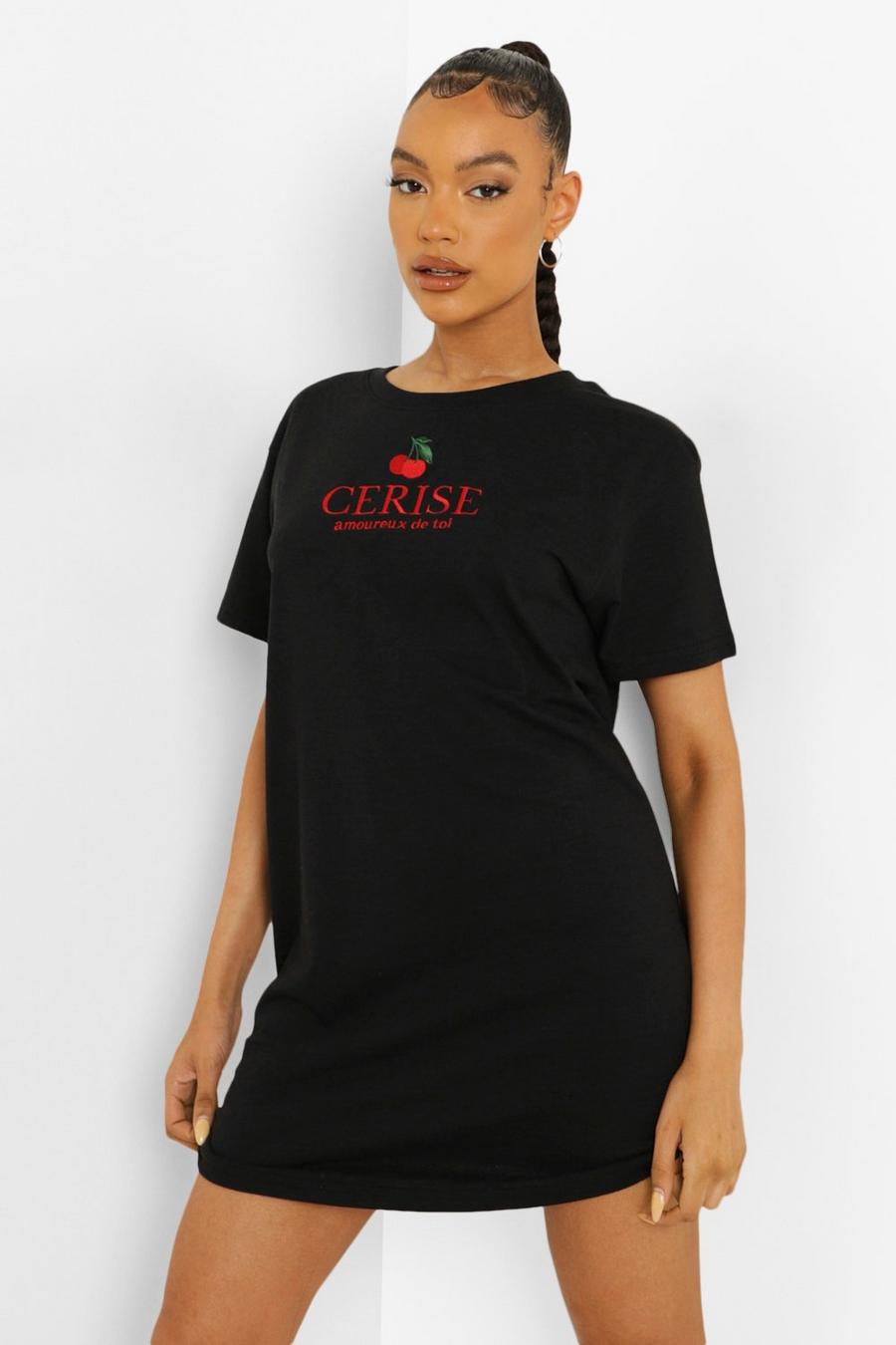 Black Embroidered Cherry T Shirt Dress image number 1