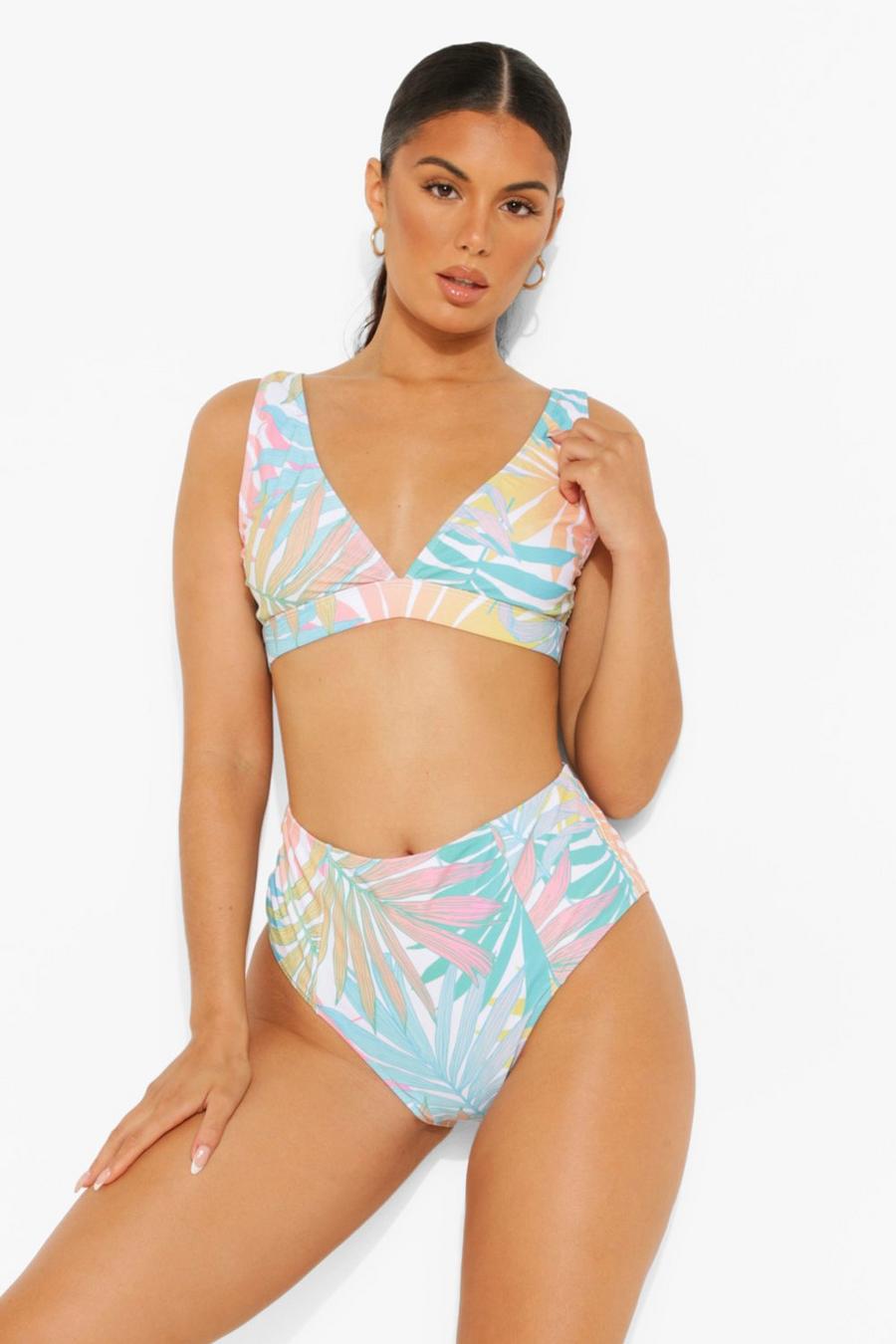 Top corto bikini con scollatura e stampa di palme color menta, Mint image number 1