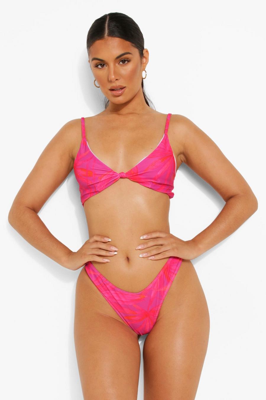 Pinkes Triangle-Bikinioberteil mit Knoten und Palmenprint, Pink image number 1