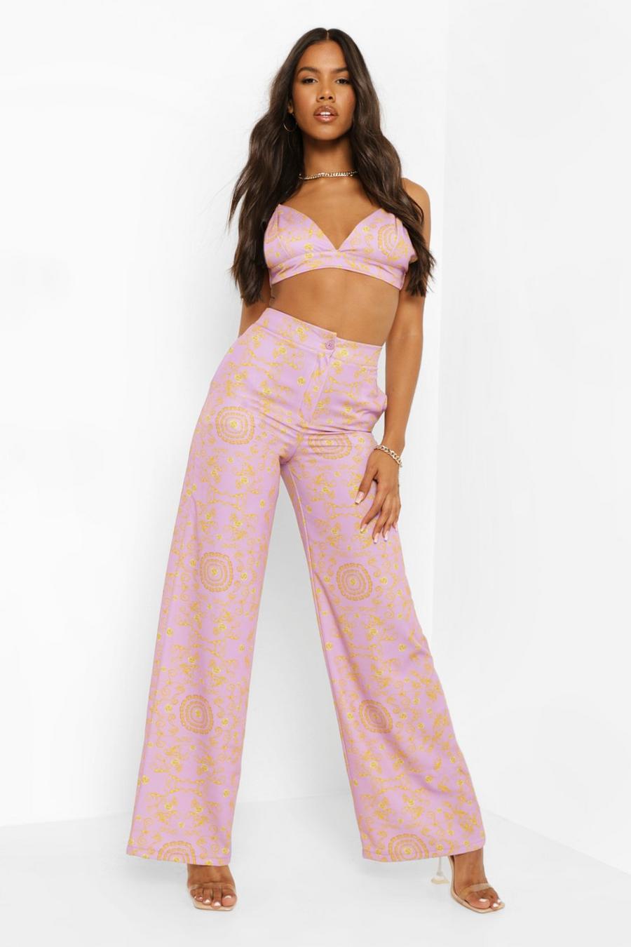 Lilac Chain Print Matte Satin Wide Leg Trousers image number 1