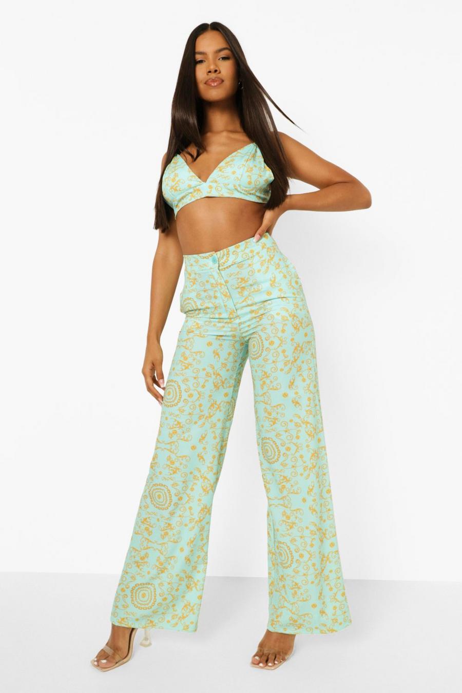 Mint Chain Print Matte Satin Wide Leg Trousers image number 1