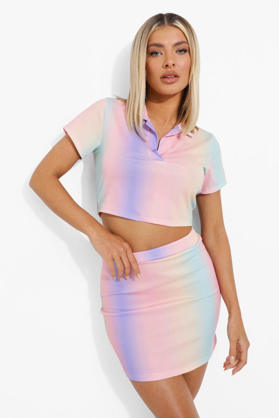 Pink Ombre Ribbed Polo Crop & Mini Skirt image number 1