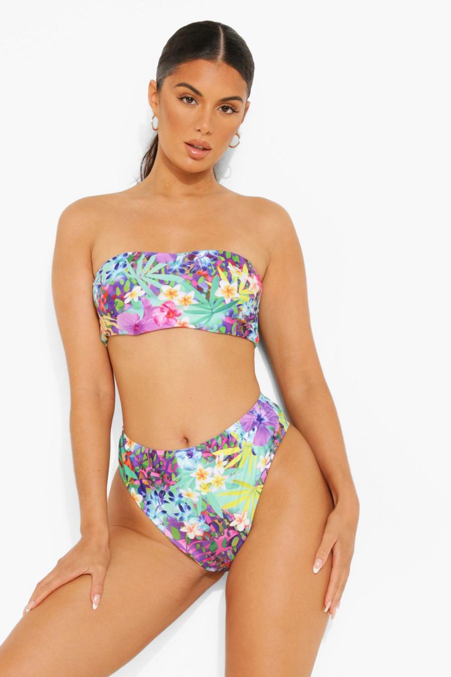 Slip bikini sgambato a vita alta con stampa tropicale, Purple morado image number 1