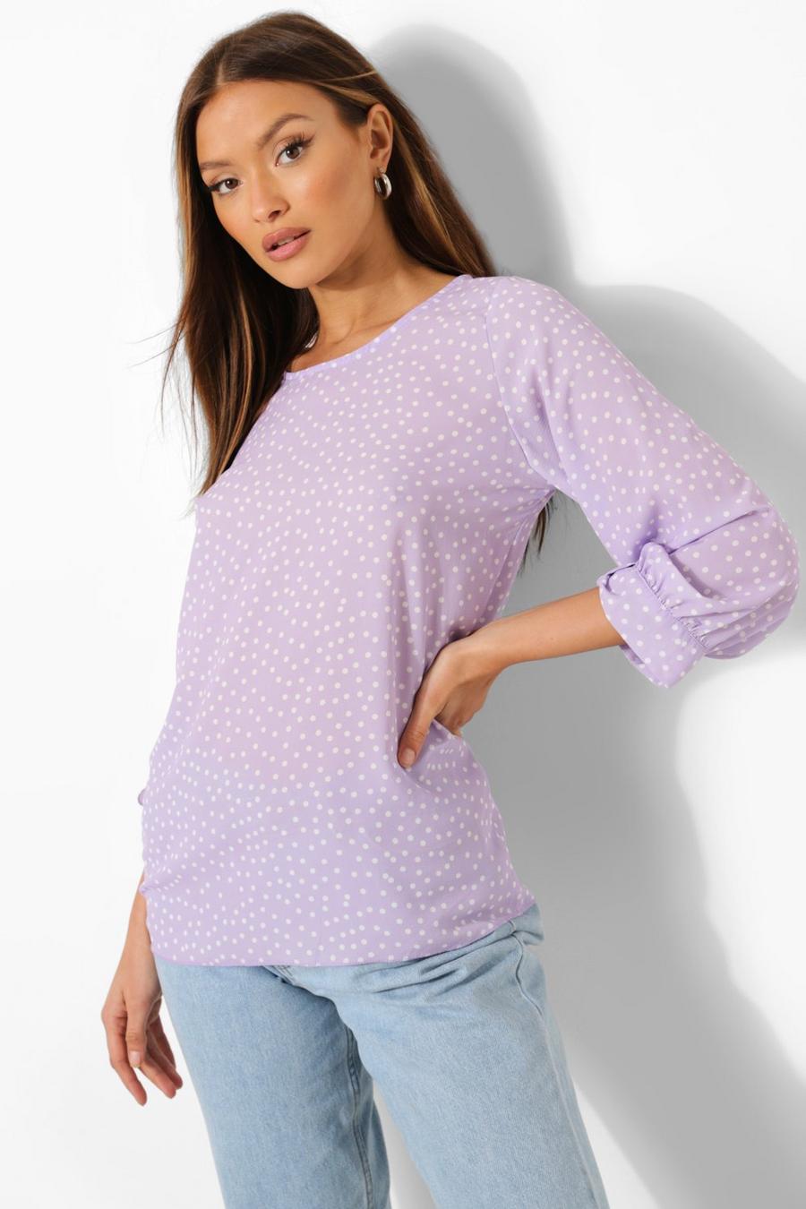 Lilac Pastel Polka Dot Bow Sleeve Blouse image number 1