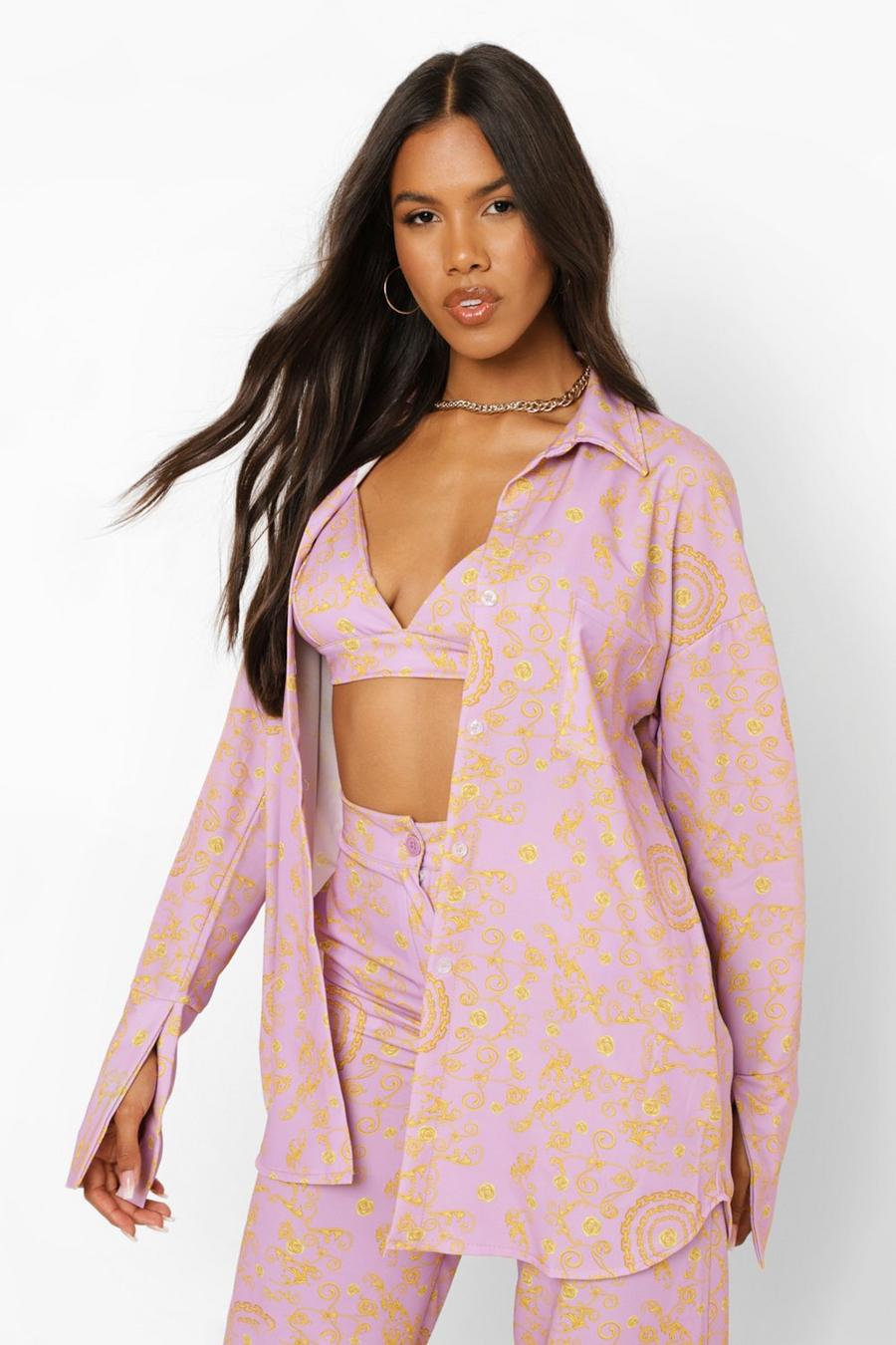 Lilac Chain Print Matte Satin Oversized Shirt image number 1