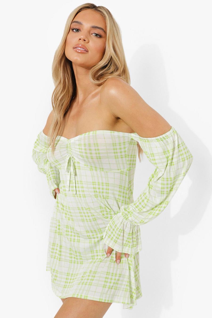 Green Rutig off shoulder-klänning med knytdetalj image number 1