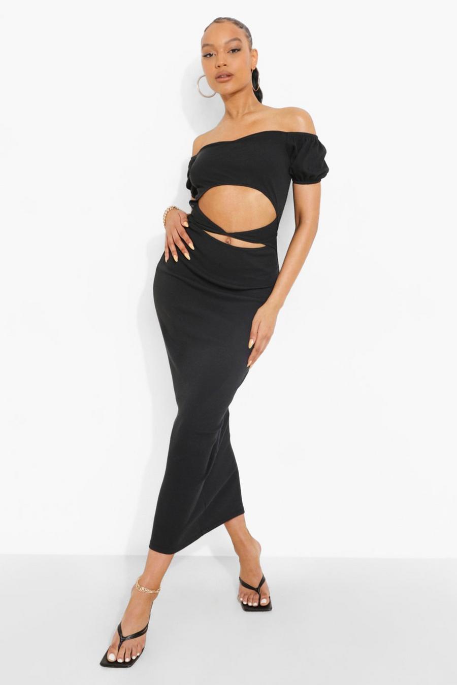 Black Premium Rib Short Sleeve Cut Out Midaxi Dress image number 1