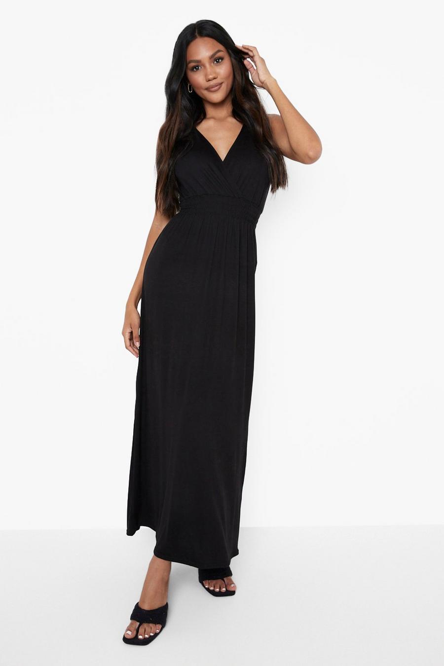 Black Basic Shirred Sleeveless Maxi Dress image number 1