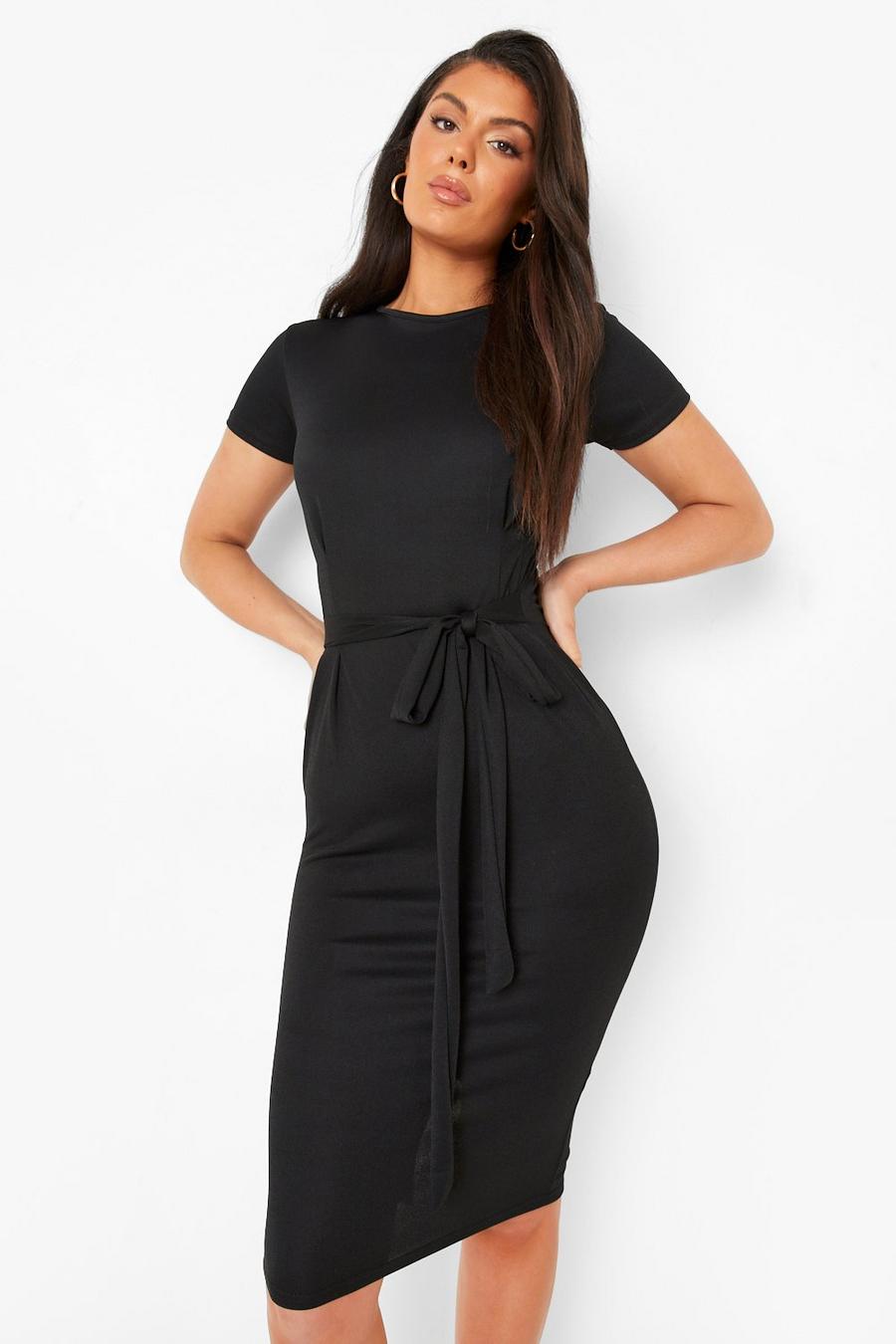 Black Pleat Front Belted Tailored Midi Dress image number 1