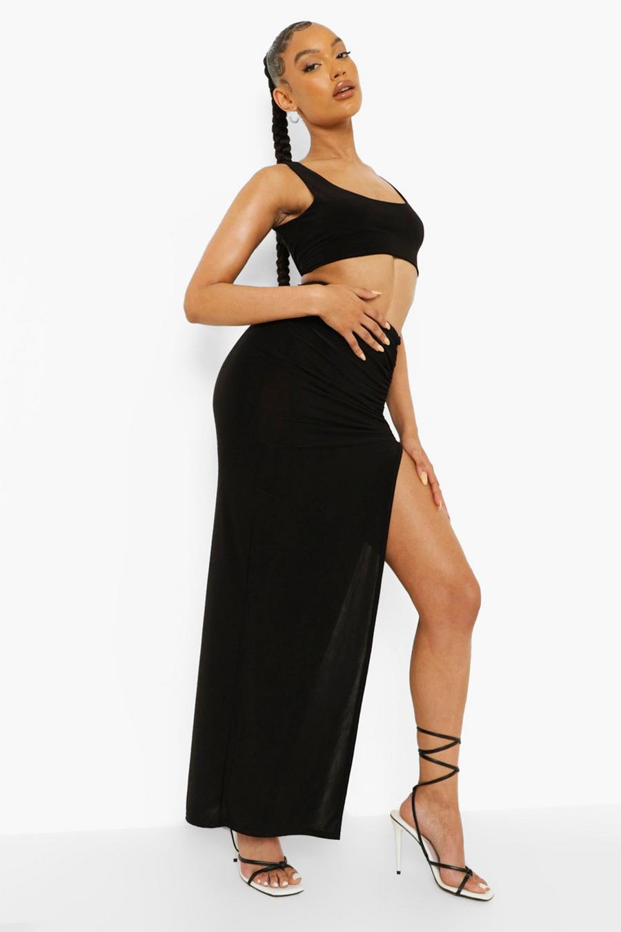 Black Ruched Thigh Split Slinky Maxi Skirt image number 1