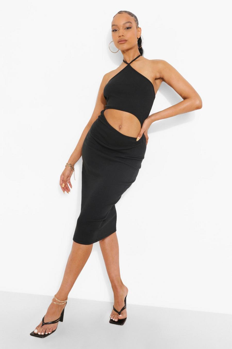Black Asymmetric Neck Cut Out Midi Dress image number 1