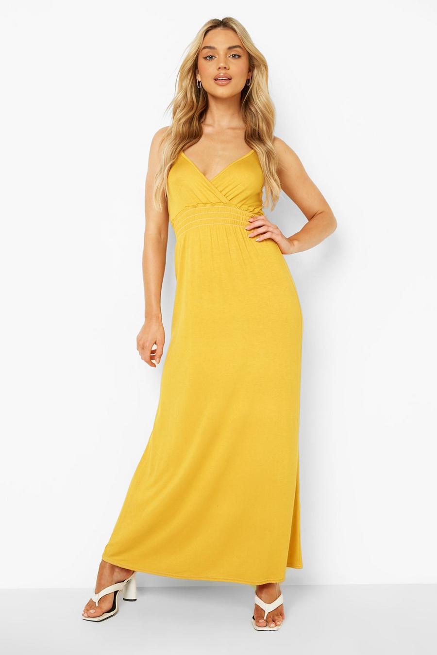 Mustard Strappy Shirred Maxi Dress image number 1