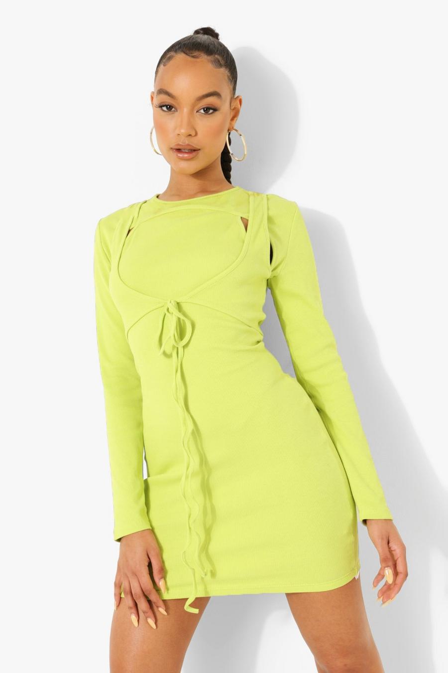 Lime Tonal Layered Premium Rib Mini Dress image number 1