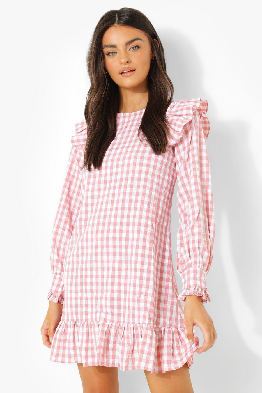 Gingham Smok-Kleid mit Rüschenschultern, Pink image number 1