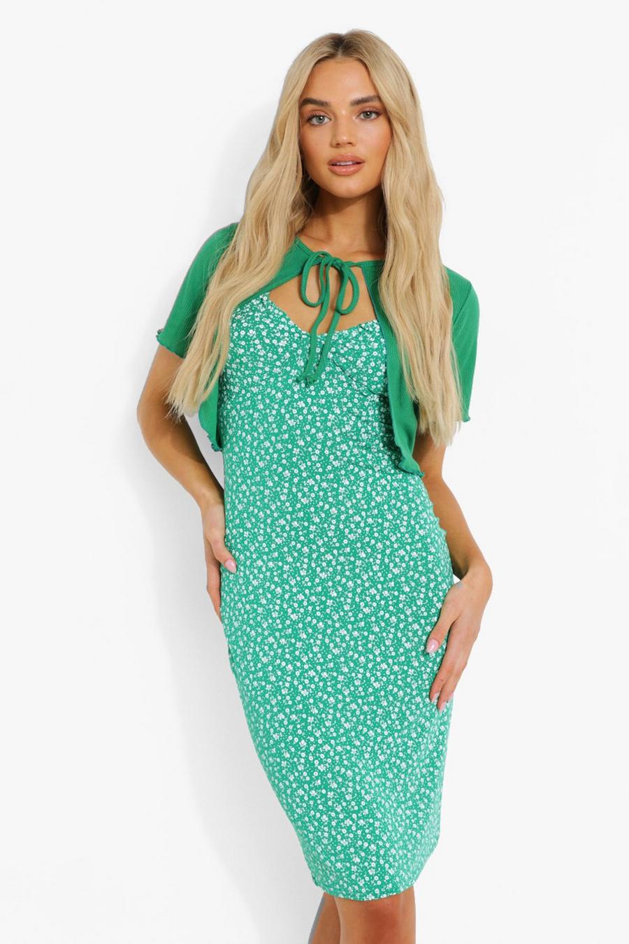 Green Short Sleeve Cardigan & Floral Midi Dress image number 1