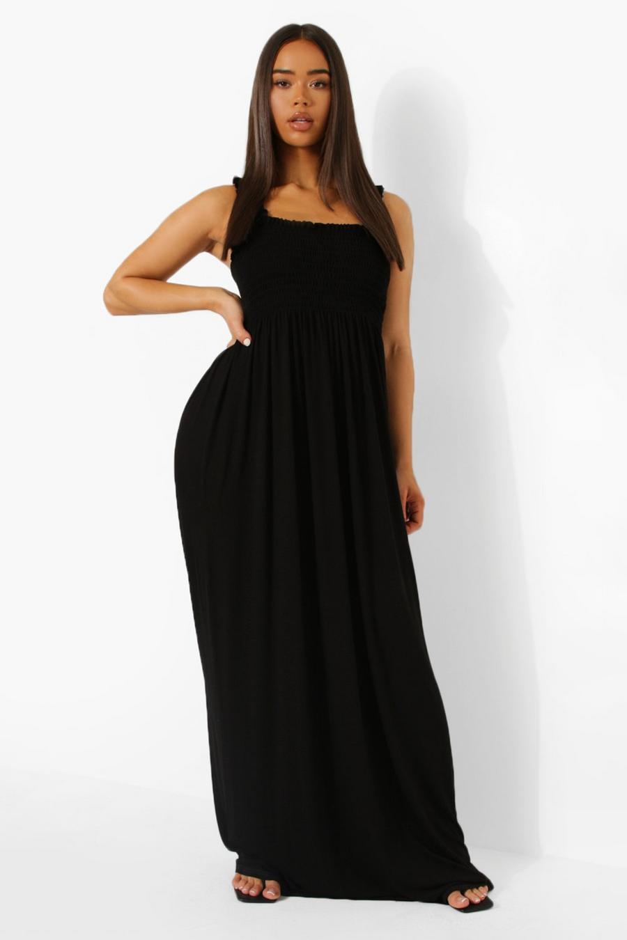 Black Shirred Strappy Maxi Dress image number 1