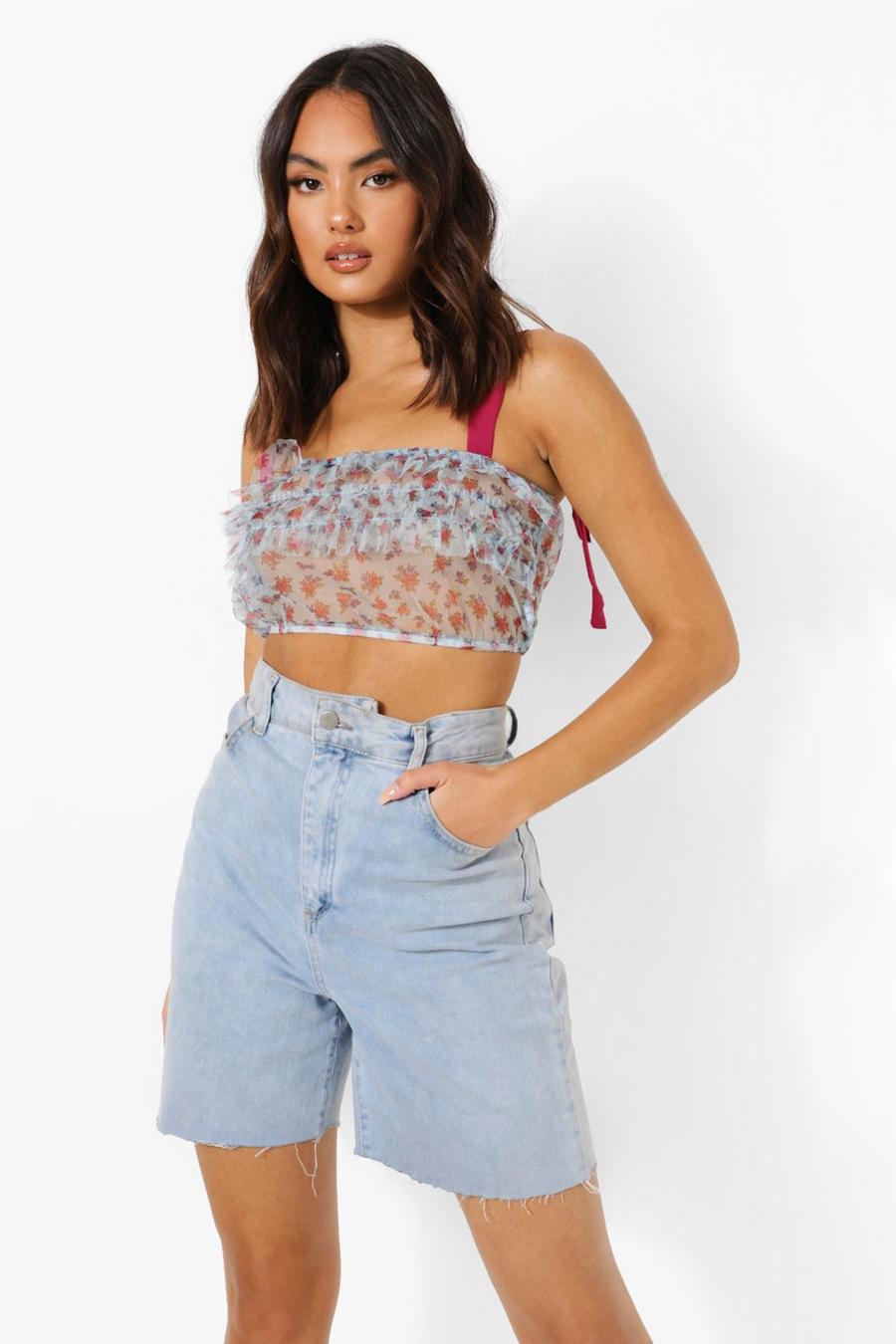 Blue Floral Printed Ruffle Bralette image number 1