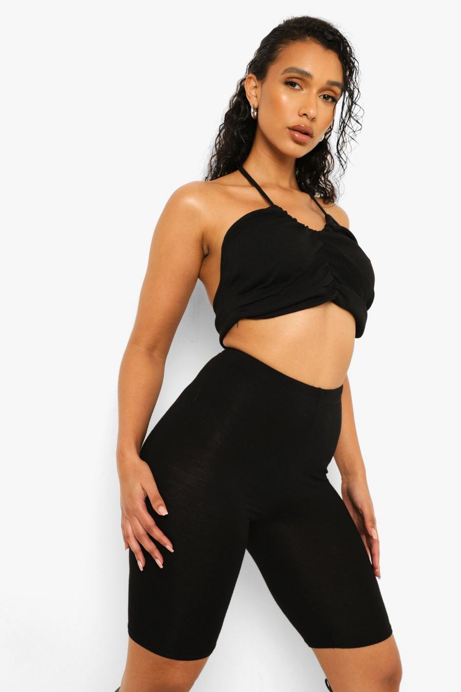 Black Heavy Rib Ruched Halter Top image number 1
