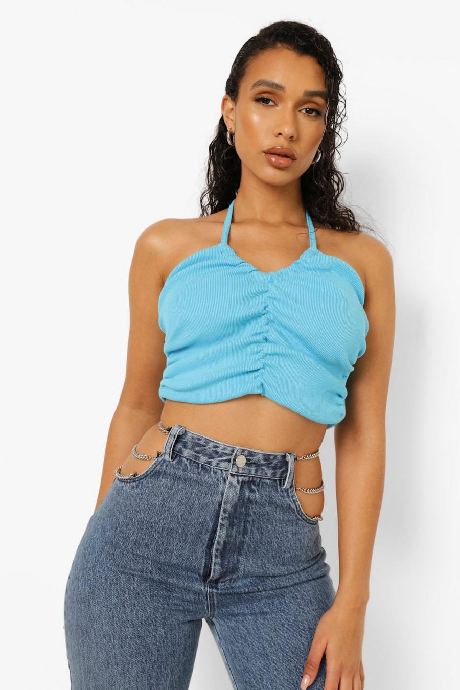 Blue Heavy Rib Ruched Halter Top image number 1