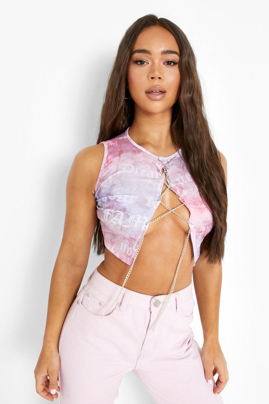 Pink Printed Chain Lace Up Top image number 1