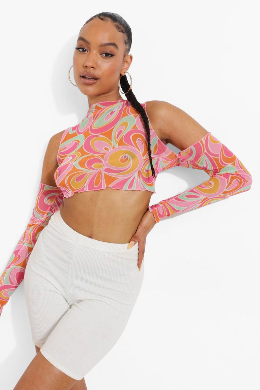 Hot pink rose Abstract Printed Cut Out Mesh Crop Top