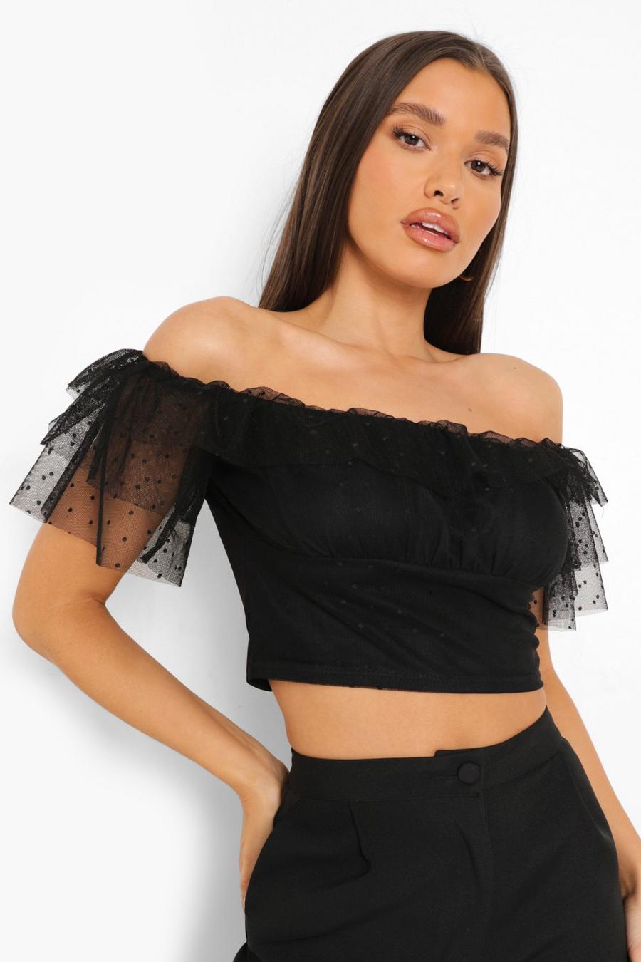 Black Dobby Mesh Frill Off Shoulder Top image number 1