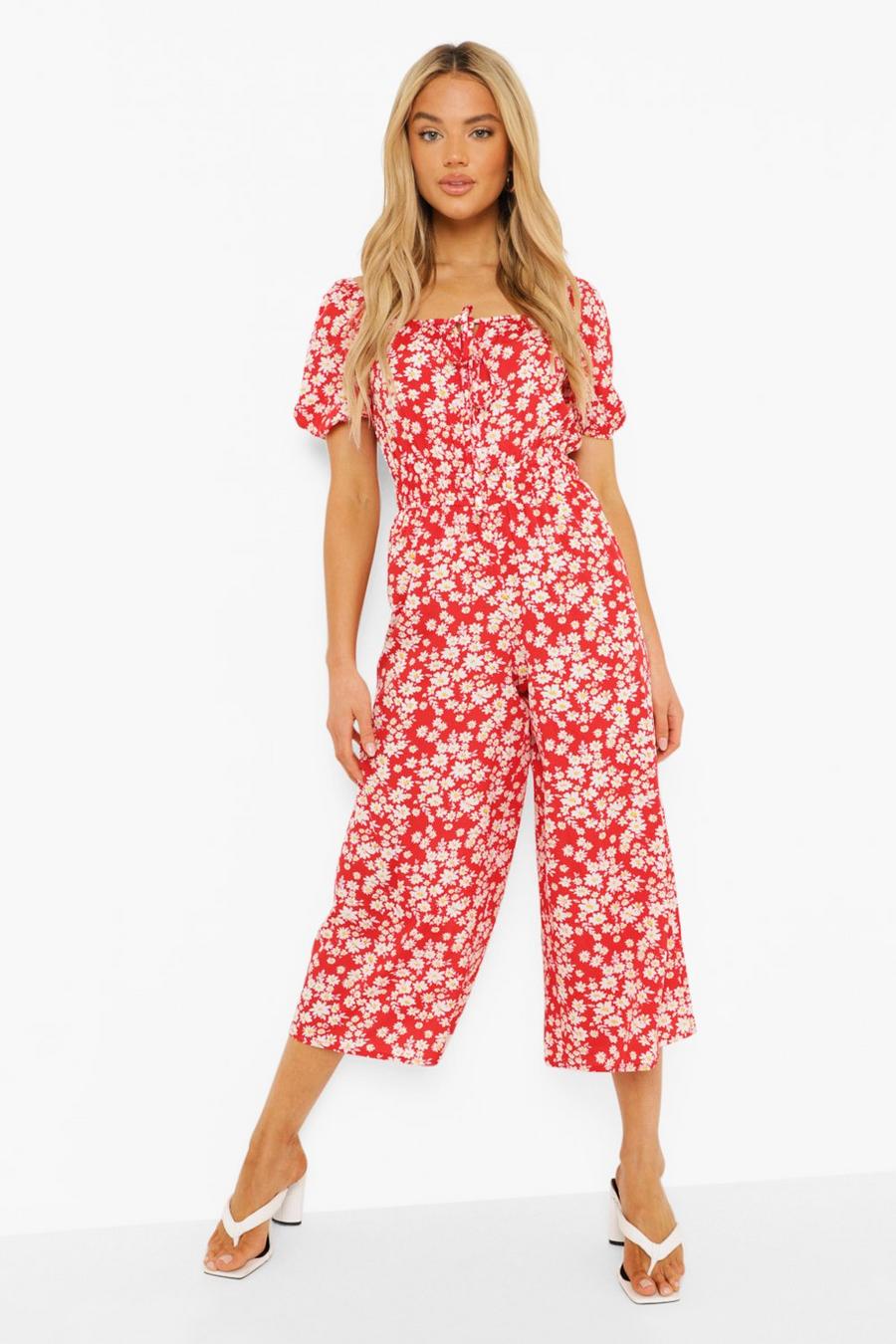 Red Floral Rouched Puff Sleeve Jumpsuit image number 1