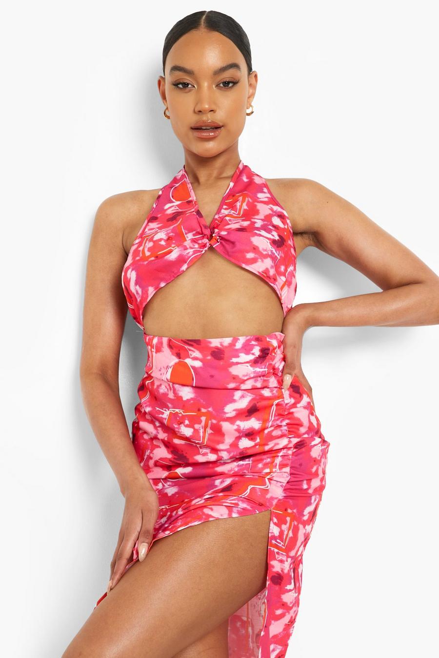 Pink Abstract Print Cut Out Halterneck Midi Dress image number 1