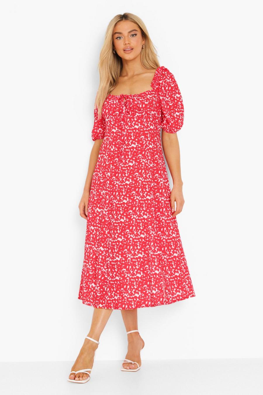 Red Floral Puff Sleeve Midi Dress image number 1
