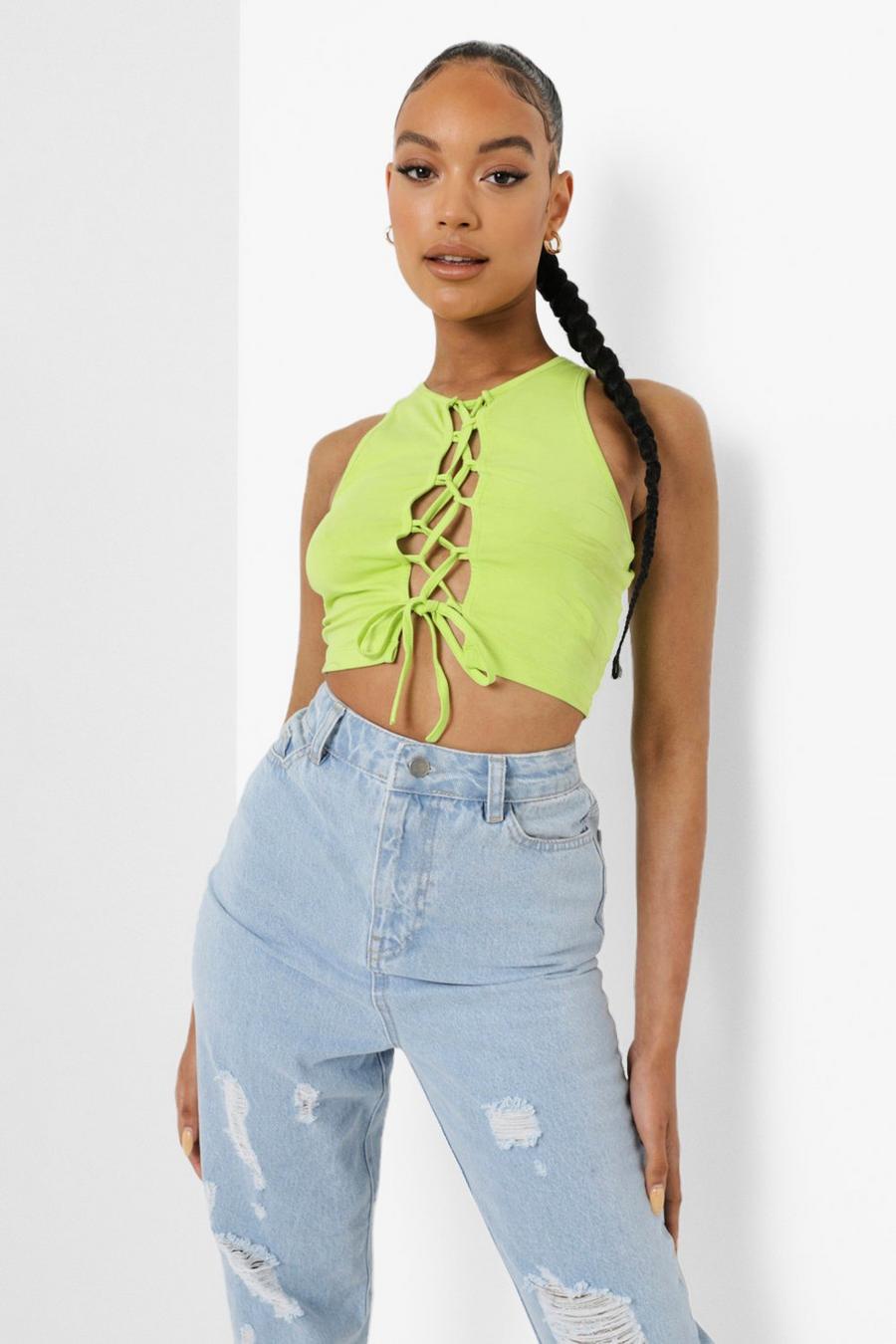 Lime Lace Up Detail Racer Crop Top image number 1