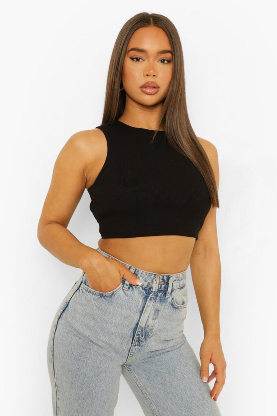 Black Rib Back Cut Out Sleeveless Crop Top image number 1