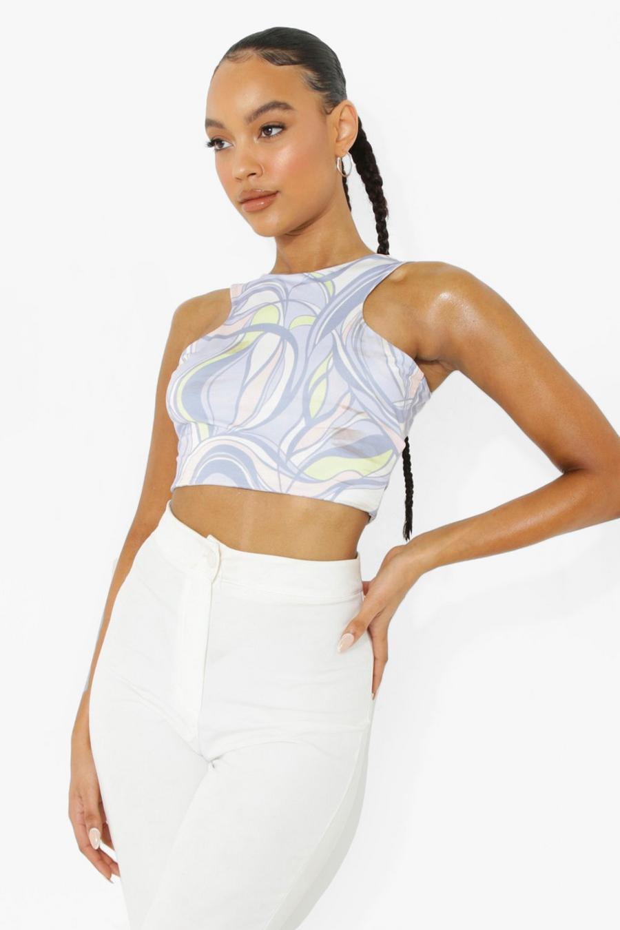 Lilac purple Abstract Print Double Layer Racer Crop Top image number 1