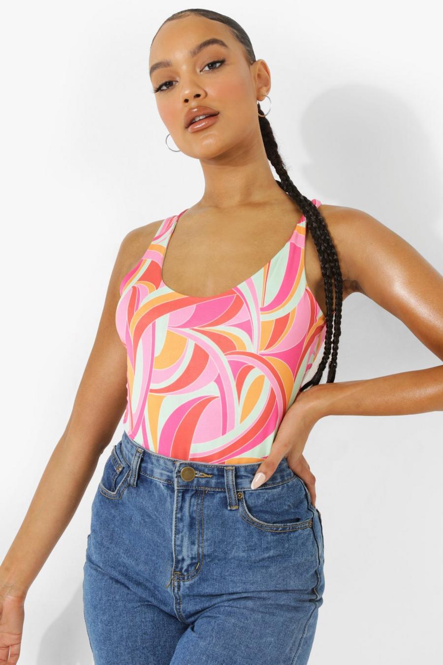 Candy pink Abstract Print Double Layer Racer Bodysuit image number 1
