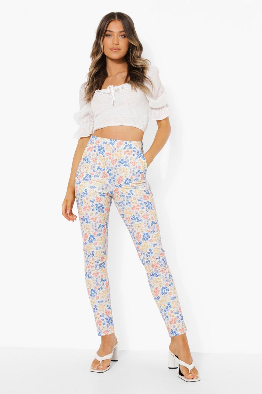 Pantaloni skinny a fiorellini con tasche, Bianco image number 1