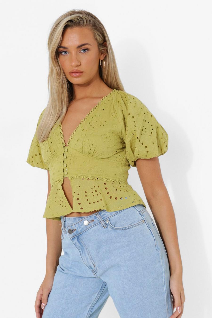 Chartreuse Eyelet Button Puff Sleeve Top image number 1